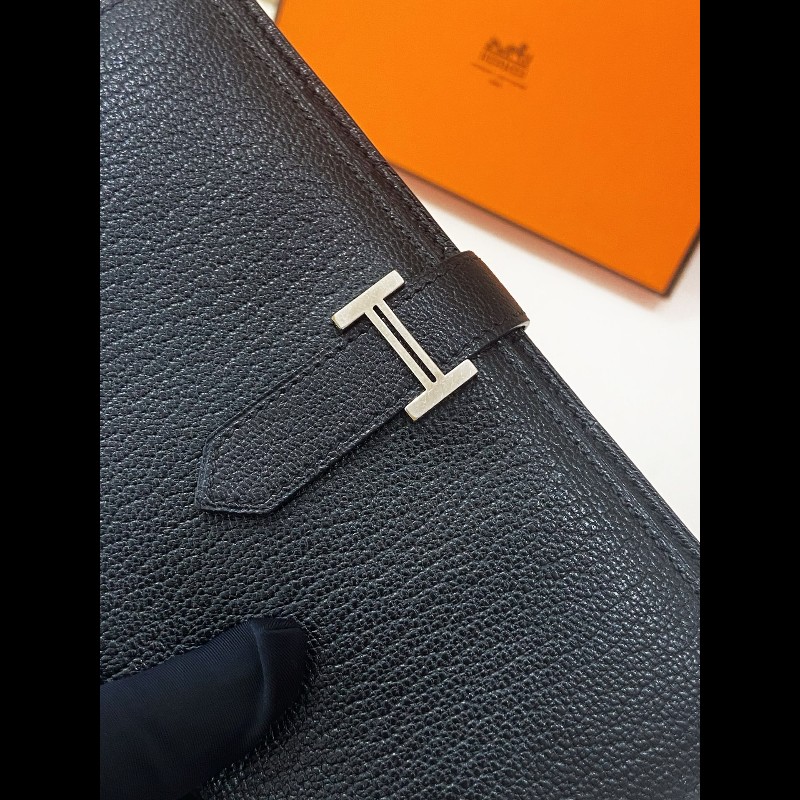 Hermes Bearn 長錢包 黑銀 框刻-4