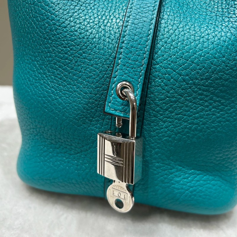 HERMES 孔雀綠銀扣TM皮菜籃子18手提包-4