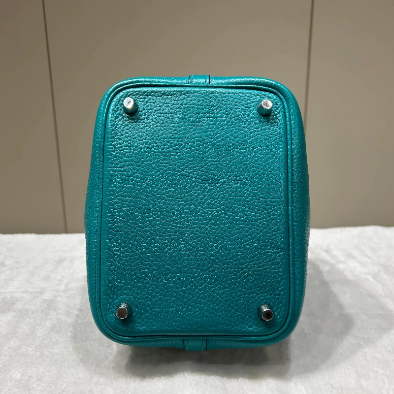 HERMES 孔雀綠銀扣TM皮菜籃子18手提包-5
