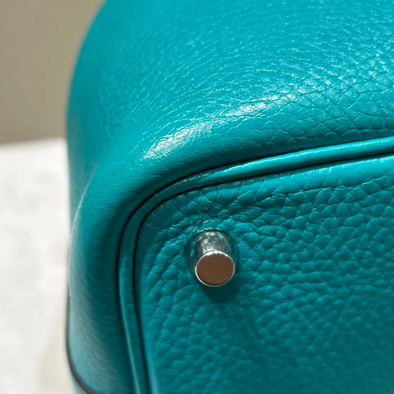 HERMES 孔雀綠銀扣TM皮菜籃子18手提包-6