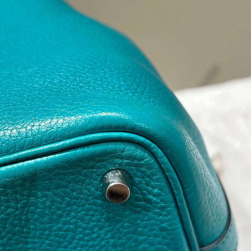 HERMES 孔雀綠銀扣TM皮菜籃子18手提包-9