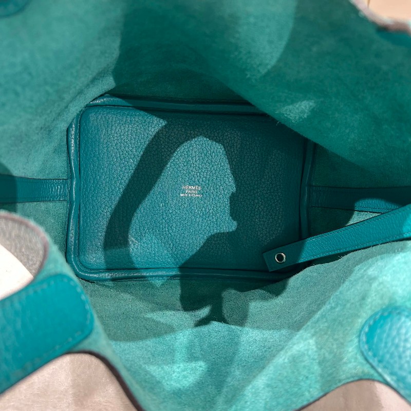 HERMES 孔雀綠銀扣TM皮菜籃子18手提包-10