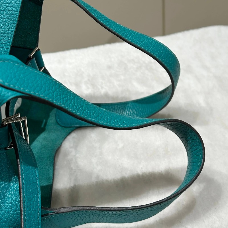 HERMES 孔雀綠銀扣TM皮菜籃子18手提包-13