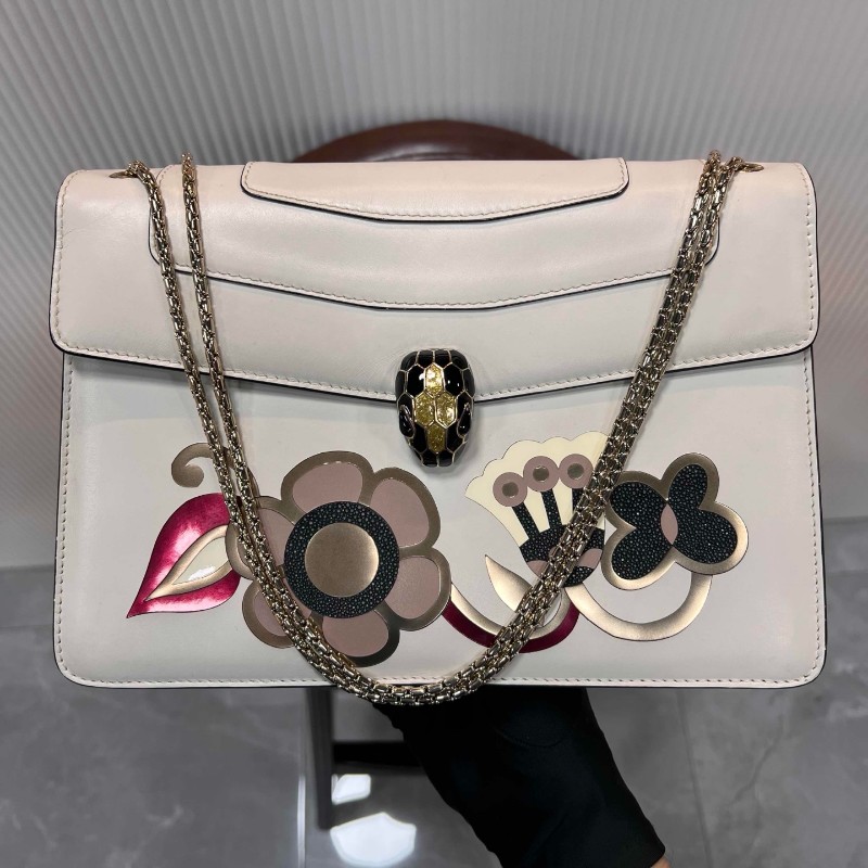 BVLGARI Serpenti Forever 中號蛇頭鏈條包 限定款白瑪瑙花卉-1