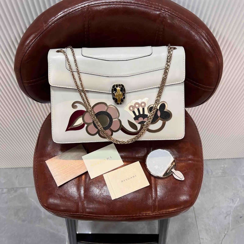 BVLGARI Serpenti Forever 中號蛇頭鏈條包 限定款白瑪瑙花卉-26