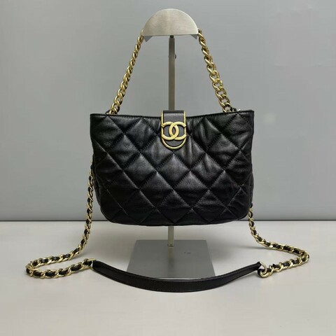 Chanel 黑金全皮菱格小號hobo流浪包 晶片