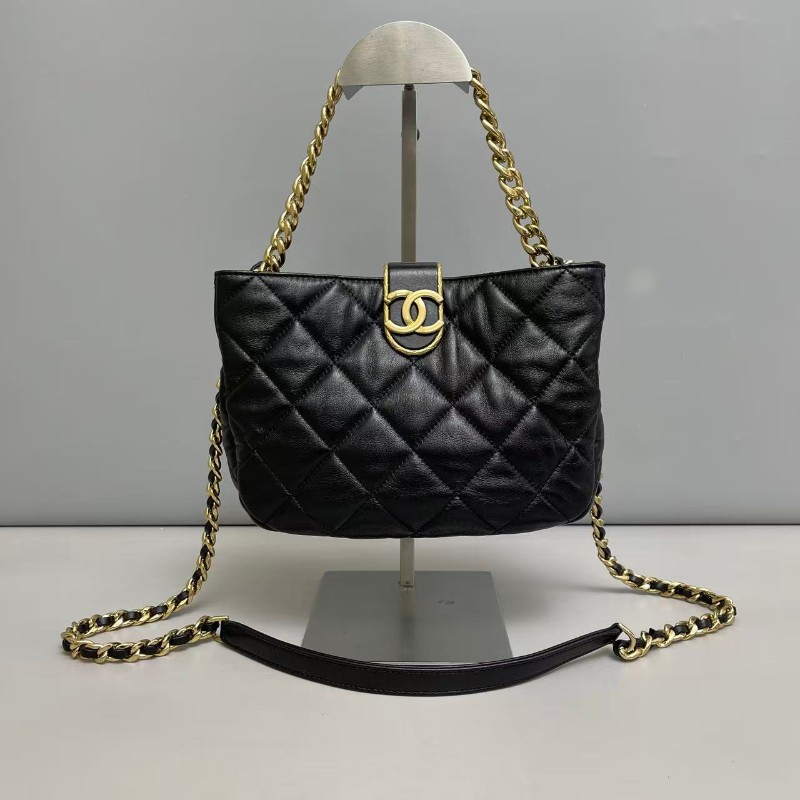 Chanel 黑金全皮菱格小號hobo流浪包 晶片-0