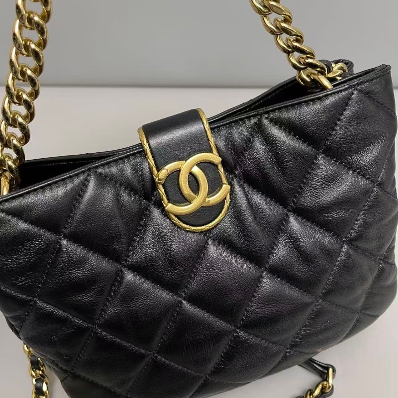 Chanel 黑金全皮菱格小號hobo流浪包 晶片-2