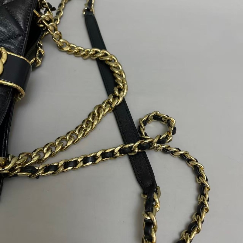 Chanel 黑金全皮菱格小號hobo流浪包 晶片-6