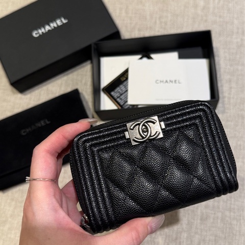 Chanel boy拉鍊零錢包 黑色銀扣零錢包 荔枝皮