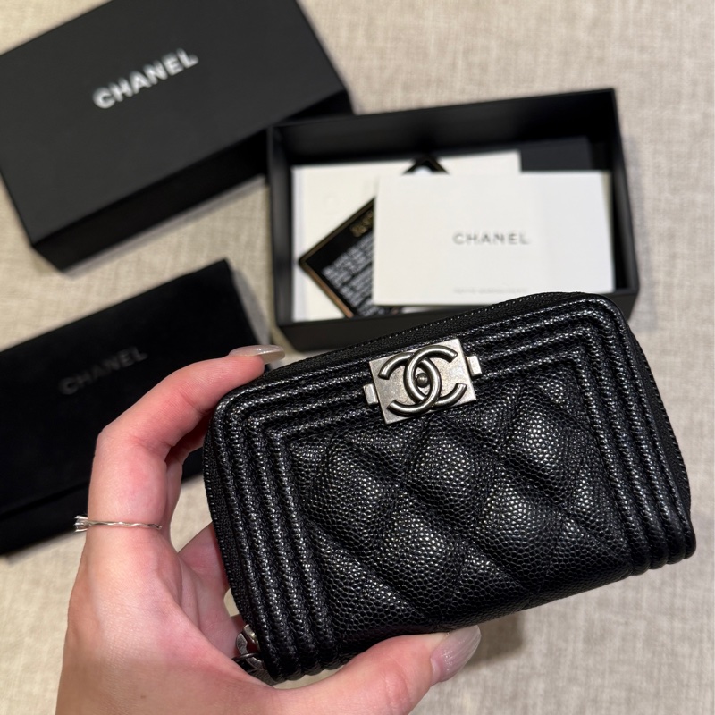 Chanel boy拉鍊零錢包 黑色銀扣零錢包 荔枝皮-0