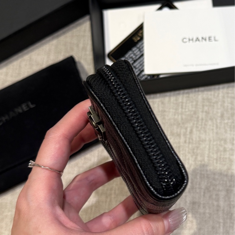 Chanel boy拉鍊零錢包 黑色銀扣零錢包 荔枝皮-1