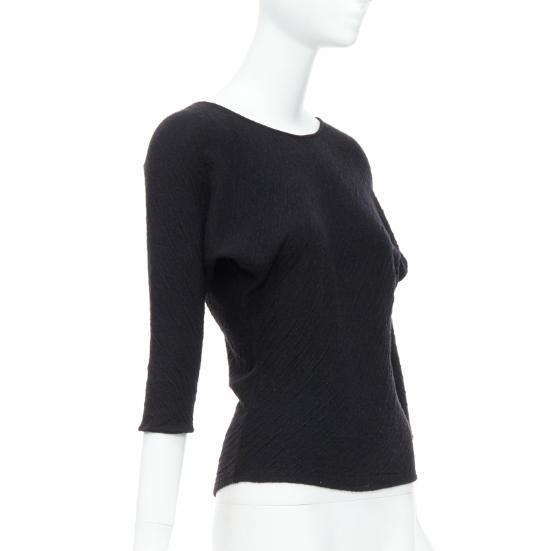 THE ROW black textured bateau neck cropped sleeve pullover top-2