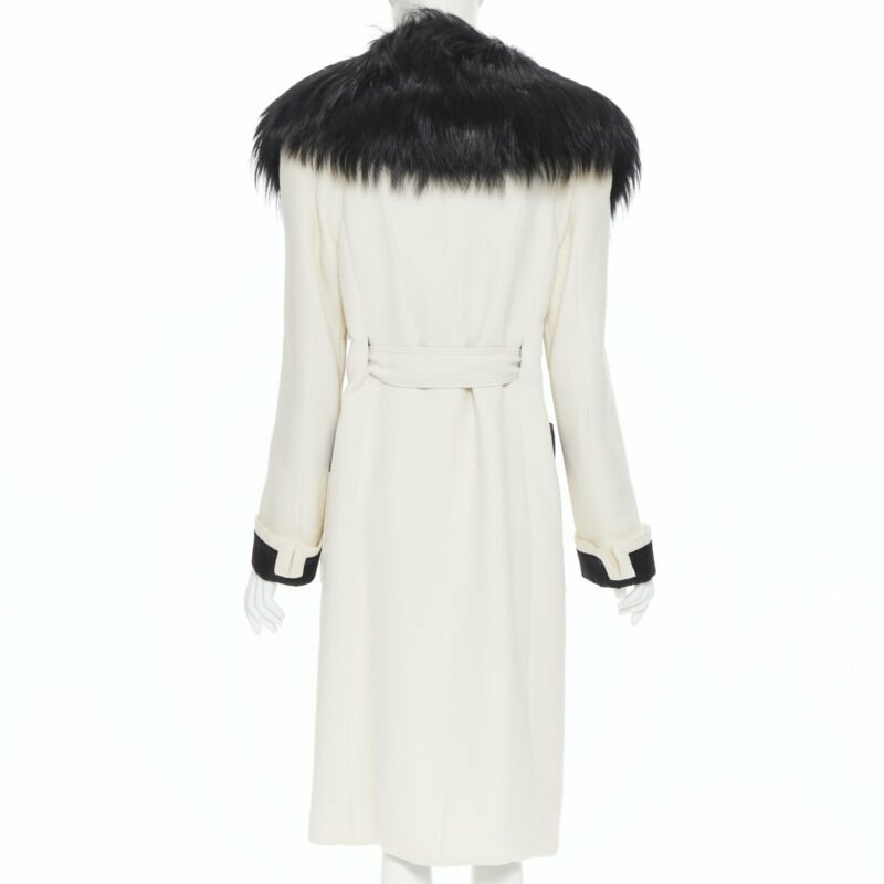 TOM FORD white wool crepe black fox fur collar quilted belted robe coat IT40 S-5