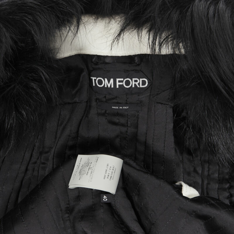 TOM FORD white wool crepe black fox fur collar quilted belted robe coat IT40 S-10