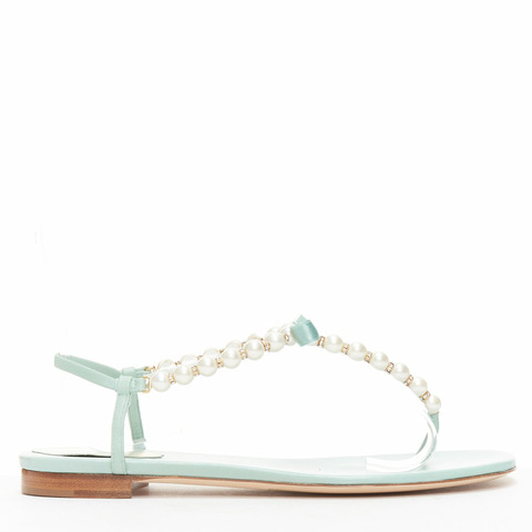 RENE CAOVILLA teal leather bow crystal pearl tstrap flat sandals EU37
