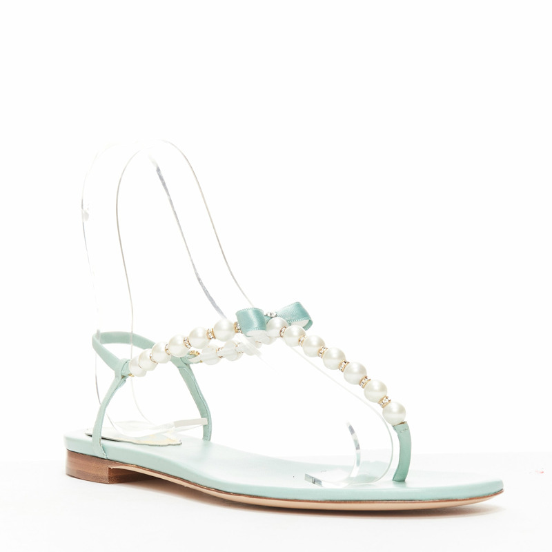 RENE CAOVILLA teal leather bow crystal pearl tstrap flat sandals EU37-1
