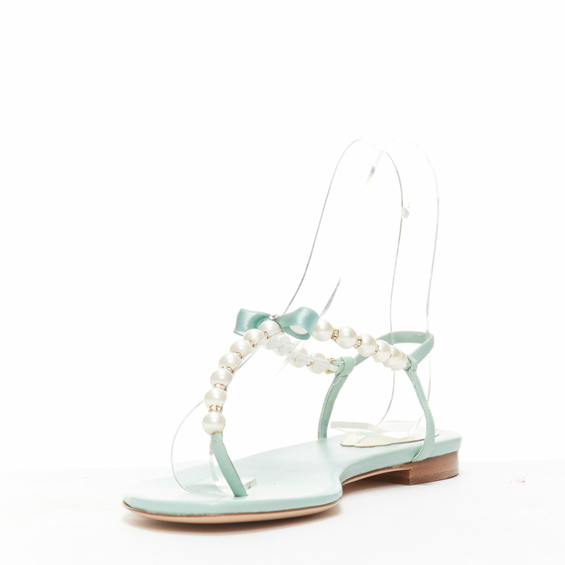 RENE CAOVILLA teal leather bow crystal pearl tstrap flat sandals EU37-2
