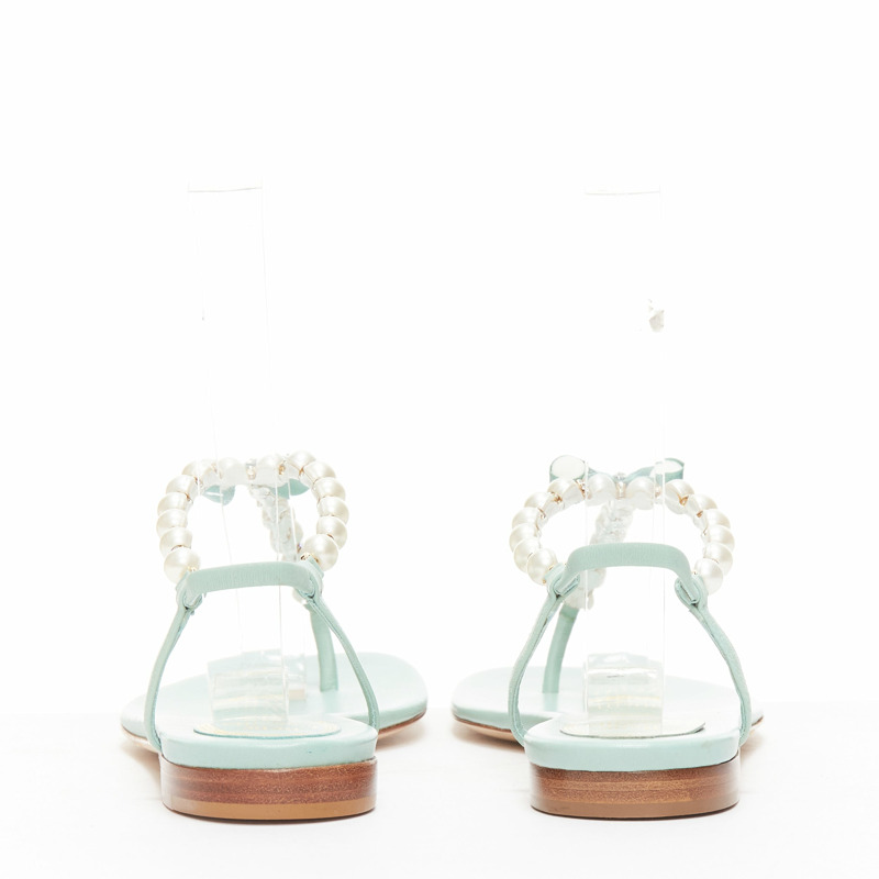 RENE CAOVILLA teal leather bow crystal pearl tstrap flat sandals EU37-3