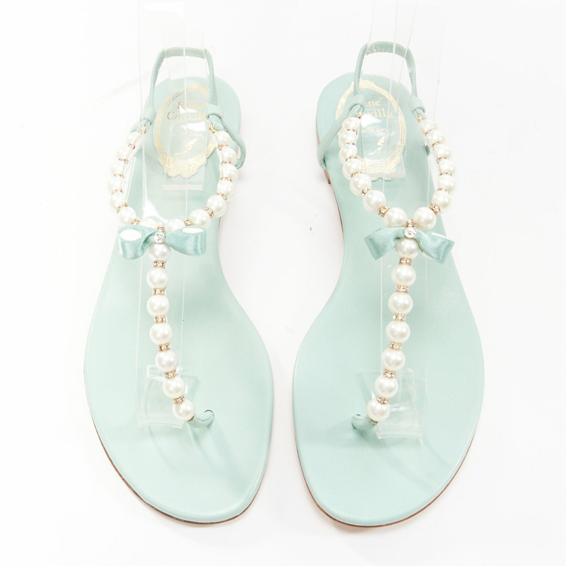 RENE CAOVILLA teal leather bow crystal pearl tstrap flat sandals EU37-4