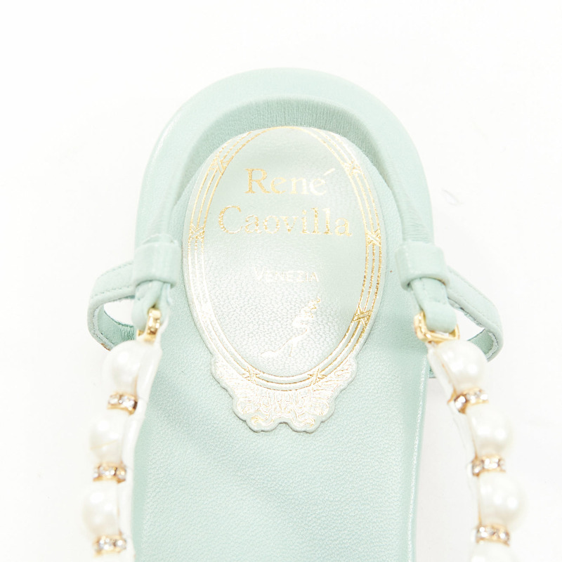 RENE CAOVILLA teal leather bow crystal pearl tstrap flat sandals EU37-5