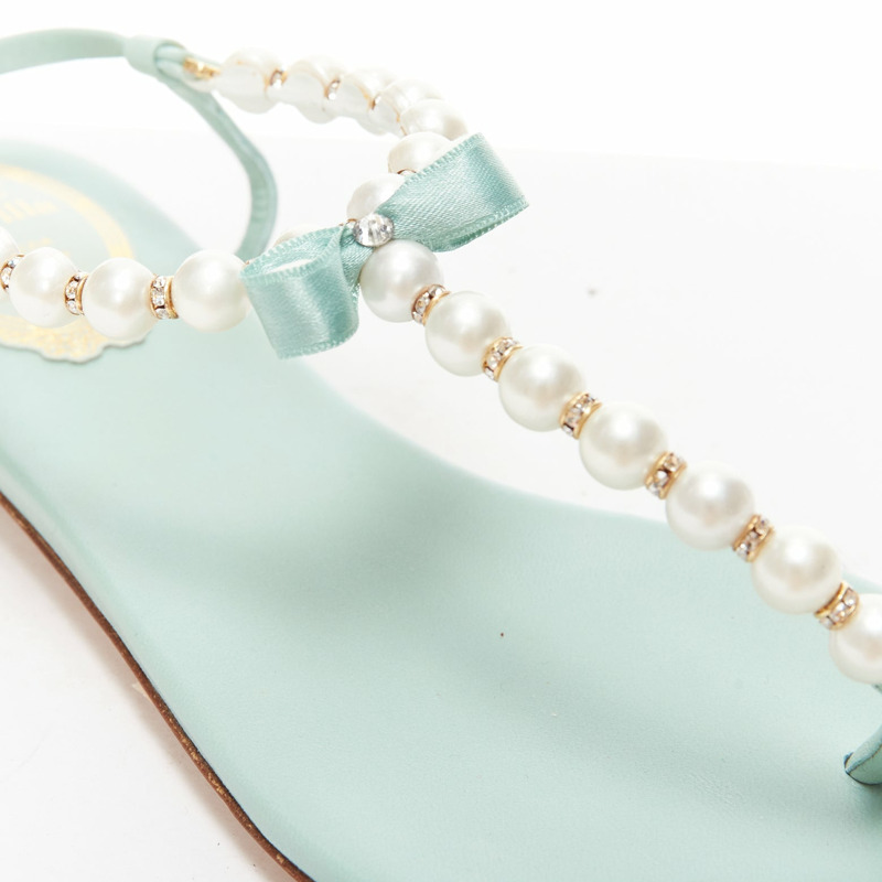 RENE CAOVILLA teal leather bow crystal pearl tstrap flat sandals EU37-8