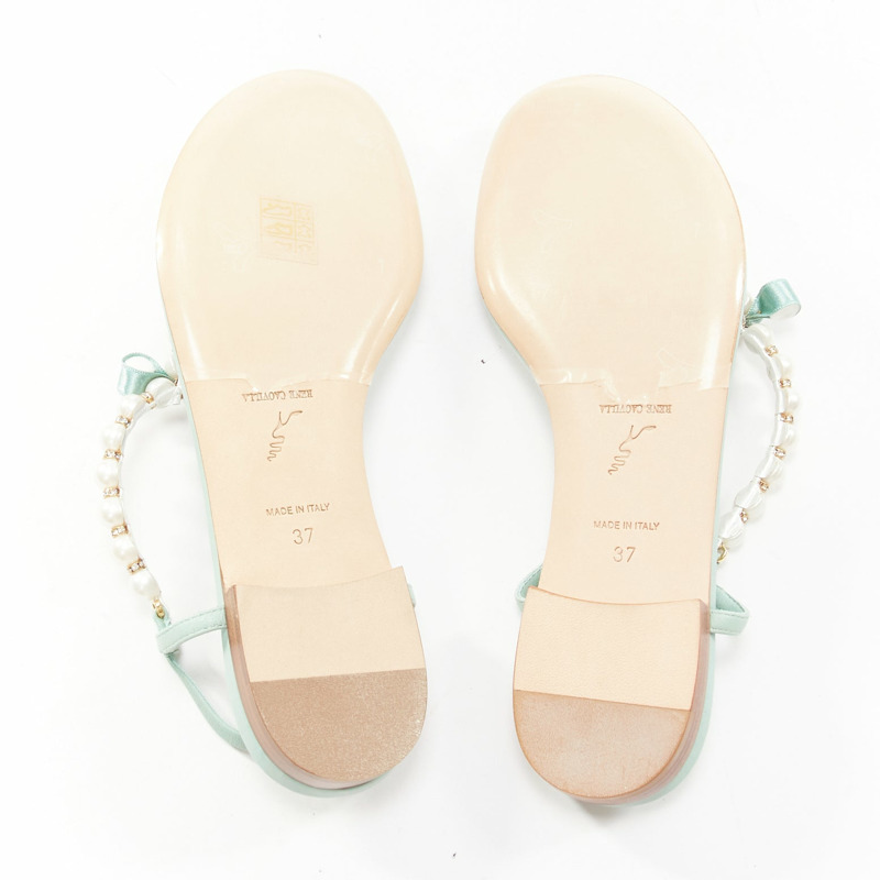 RENE CAOVILLA teal leather bow crystal pearl tstrap flat sandals EU37-10