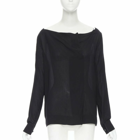 THE ROW black viscose pleated wide boat neck leather button cuff blouse top US2