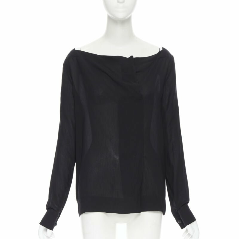 THE ROW black viscose pleated wide boat neck leather button cuff blouse top US2-0