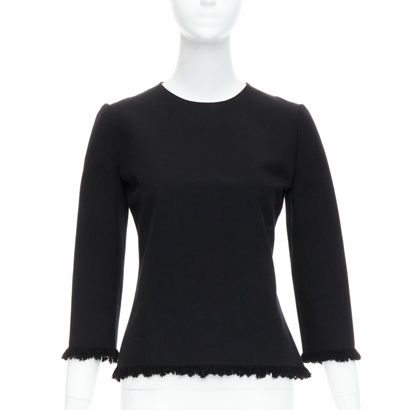 TOM FORD black virgin wool cotton fringe trim crop sleeved fitted top IT36 XXS-0