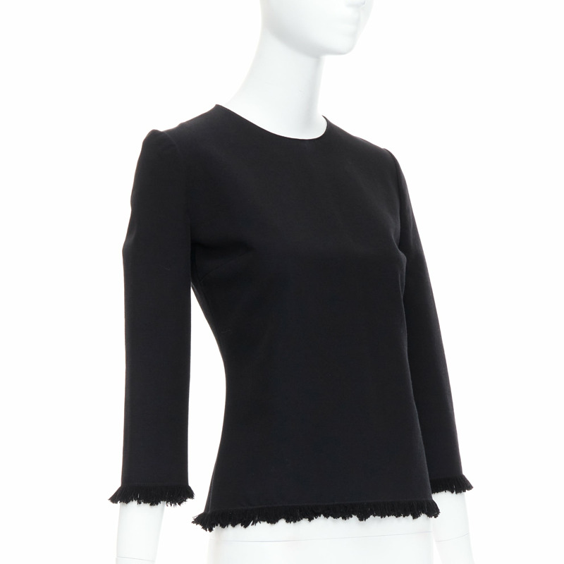 TOM FORD black virgin wool cotton fringe trim crop sleeved fitted top IT36 XXS-2