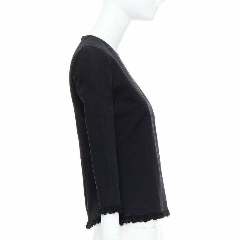 TOM FORD black virgin wool cotton fringe trim crop sleeved fitted top IT36 XXS-3
