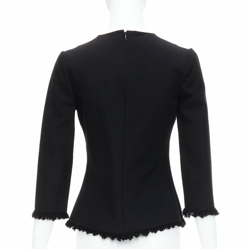 TOM FORD black virgin wool cotton fringe trim crop sleeved fitted top IT36 XXS-4