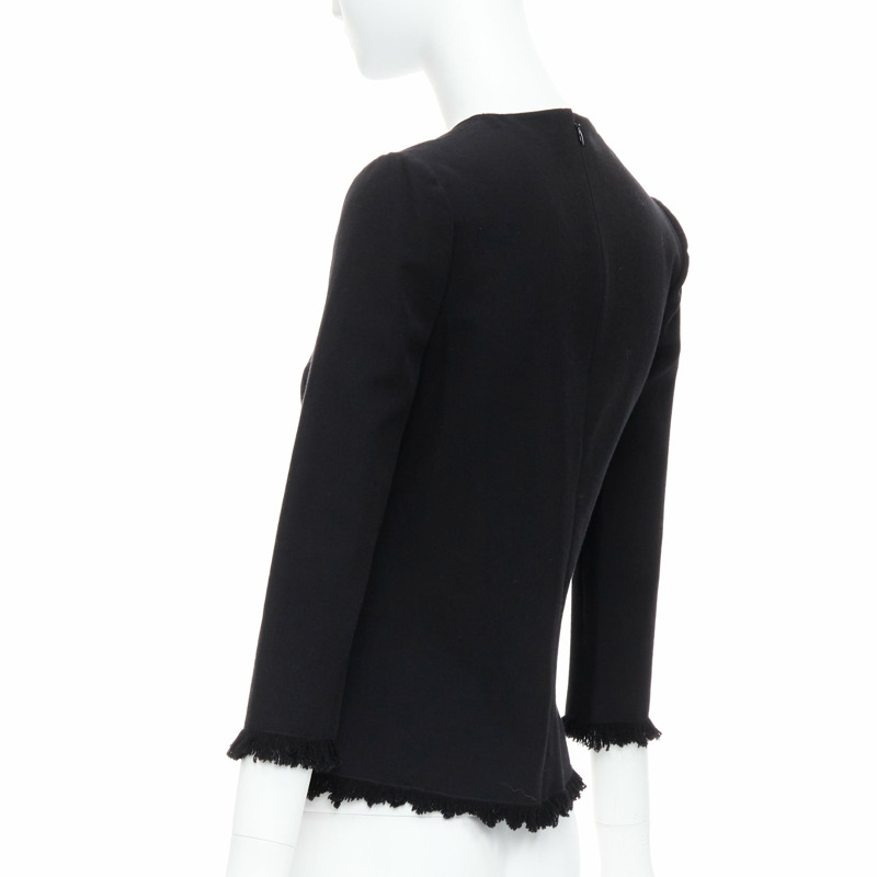 TOM FORD black virgin wool cotton fringe trim crop sleeved fitted top IT36 XXS-5