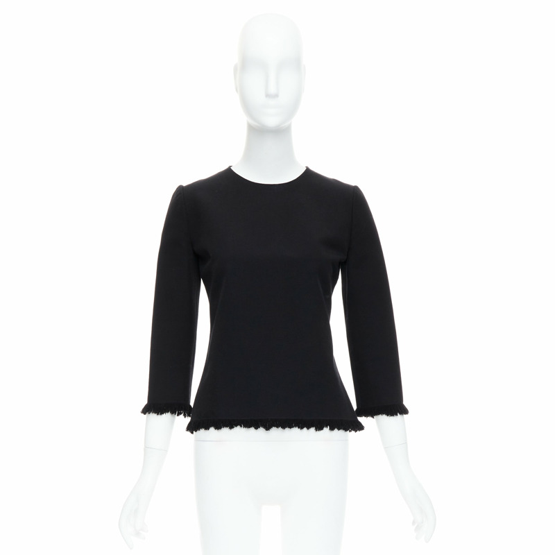 TOM FORD black virgin wool cotton fringe trim crop sleeved fitted top IT36 XXS-8
