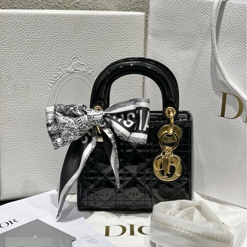 Dior迪奧黑金三格漆皮Lady戴妃包鏈條包