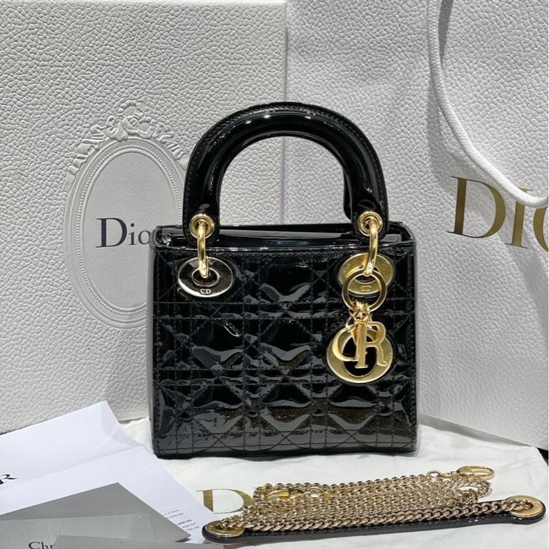 Dior迪奧黑金三格漆皮Lady戴妃包鏈條包-1
