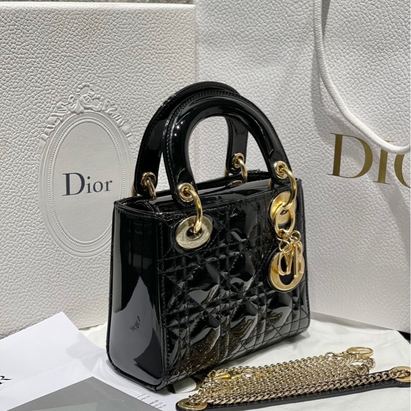 Dior迪奧黑金三格漆皮Lady戴妃包鏈條包-2