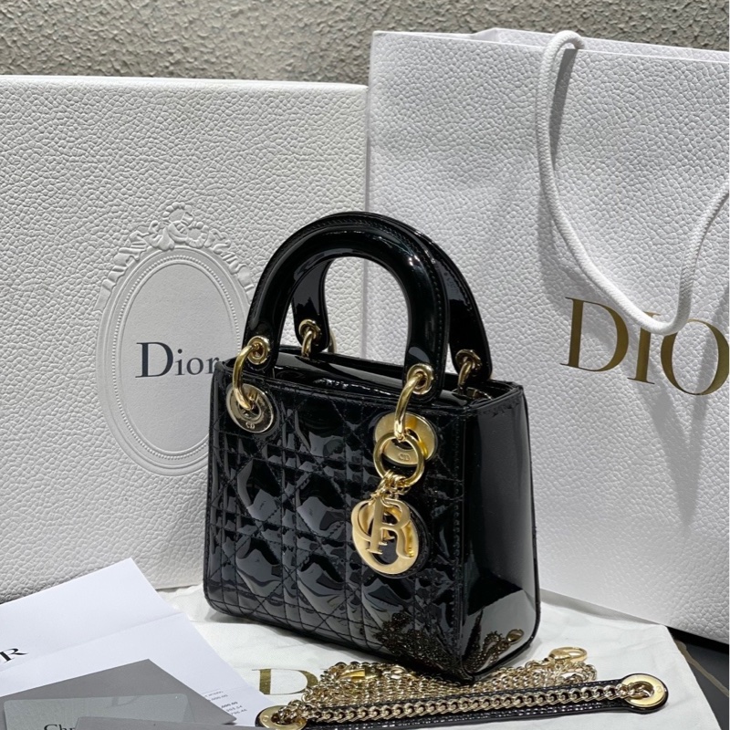 Dior迪奧黑金三格漆皮Lady戴妃包鏈條包-3
