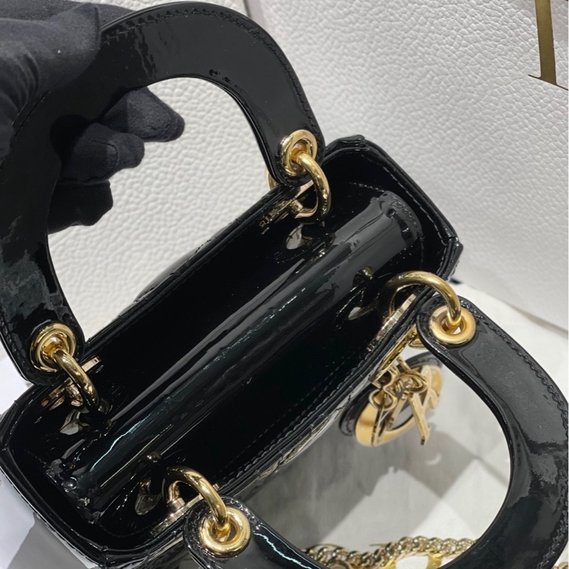 Dior迪奧黑金三格漆皮Lady戴妃包鏈條包-7