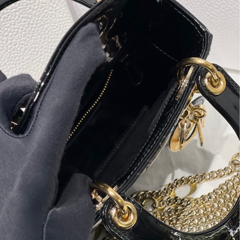 Dior迪奧黑金三格漆皮Lady戴妃包鏈條包-8