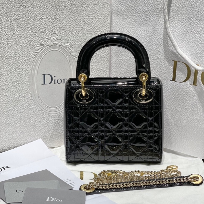 Dior迪奧黑金三格漆皮Lady戴妃包鏈條包-10