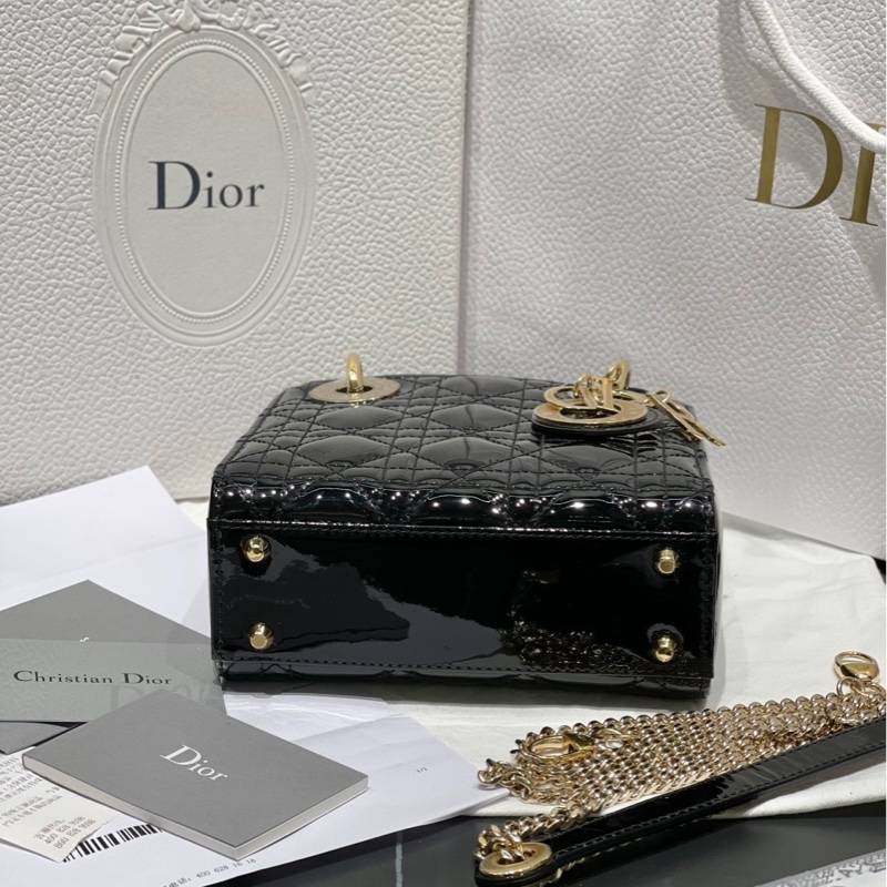 Dior迪奧黑金三格漆皮Lady戴妃包鏈條包-11