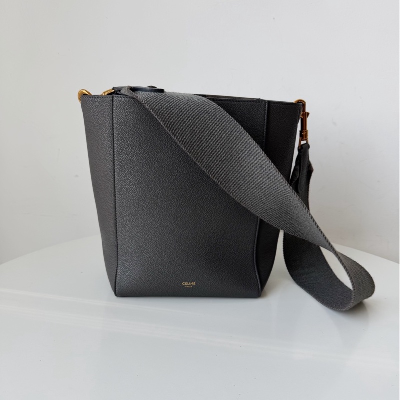 Celine賽琳Sangle Bucket純灰色牛皮單肩包水桶包-0