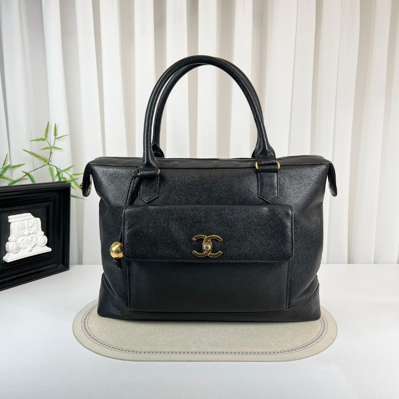 CHANEL 中古金球荔枝皮黑金手提包 大logo 牛皮機場包-0