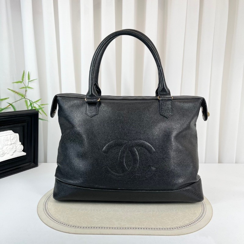 CHANEL 中古金球荔枝皮黑金手提包 大logo 牛皮機場包-1