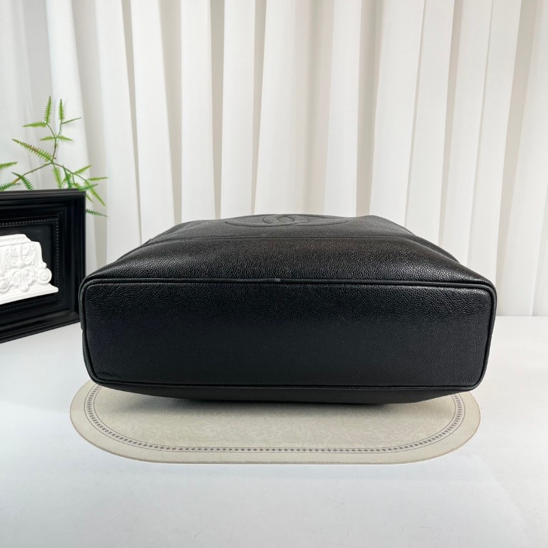 CHANEL 中古金球荔枝皮黑金手提包 大logo 牛皮機場包-2