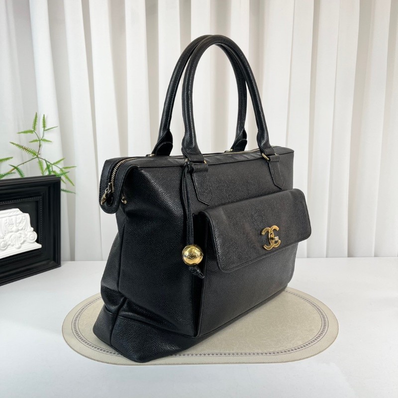 CHANEL 中古金球荔枝皮黑金手提包 大logo 牛皮機場包-3