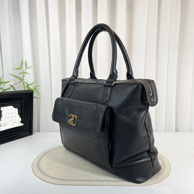 CHANEL 中古金球荔枝皮黑金手提包 大logo 牛皮機場包-4