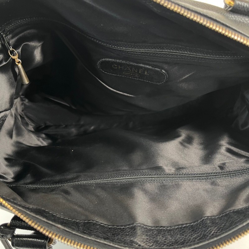 CHANEL 中古金球荔枝皮黑金手提包 大logo 牛皮機場包-5